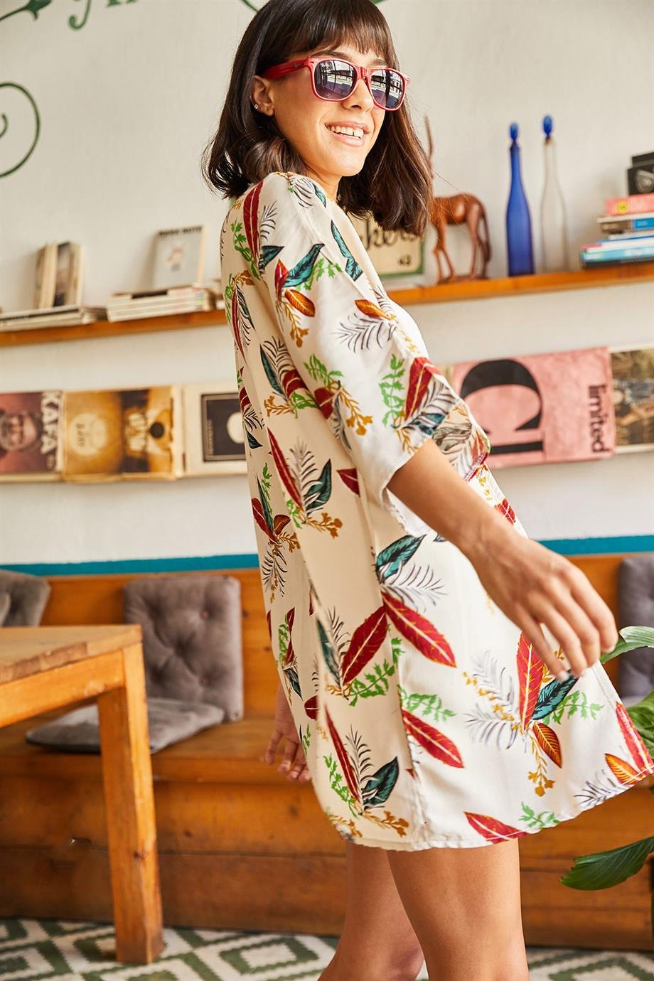 Dokuma Viskon Kimono Bej Yaprak