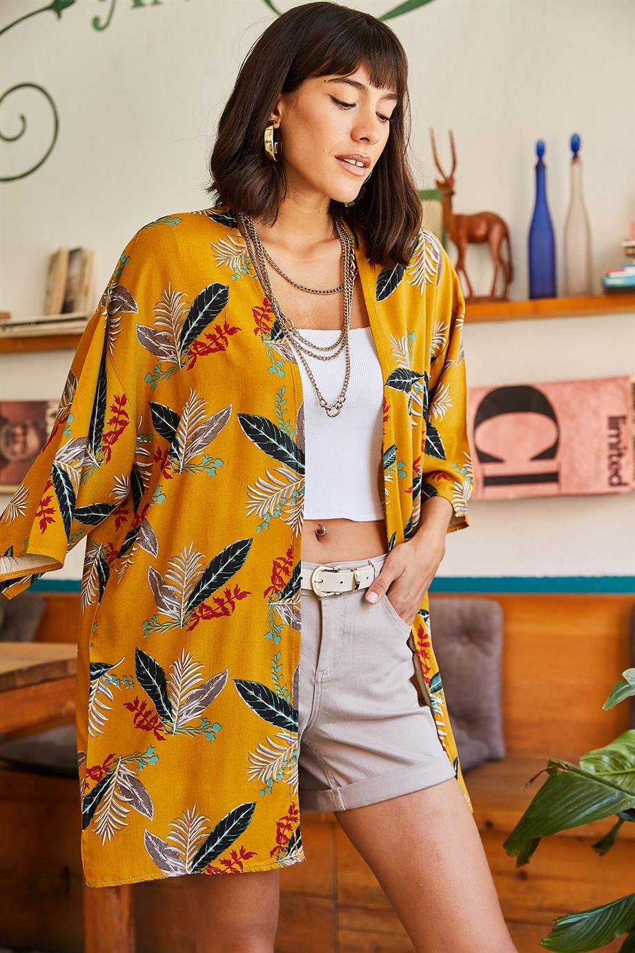Dokuma Viskon Kimono Hardal Yaprak