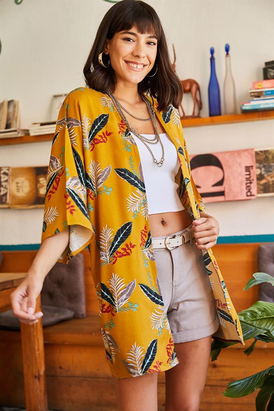 Dokuma Viskon Kimono Hardal Yaprak