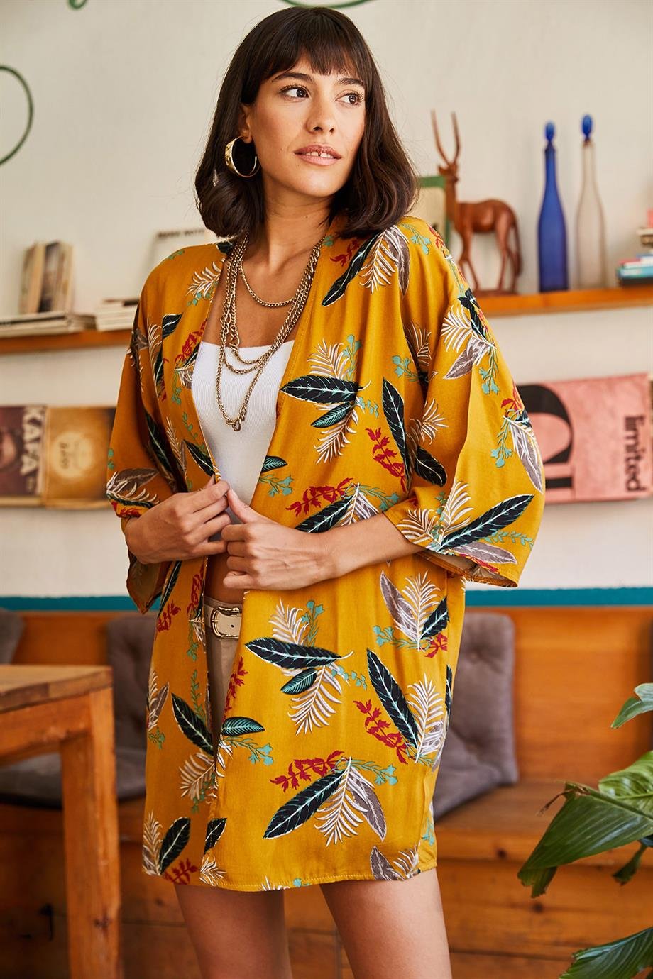 Dokuma Viskon Kimono Hardal Yaprak