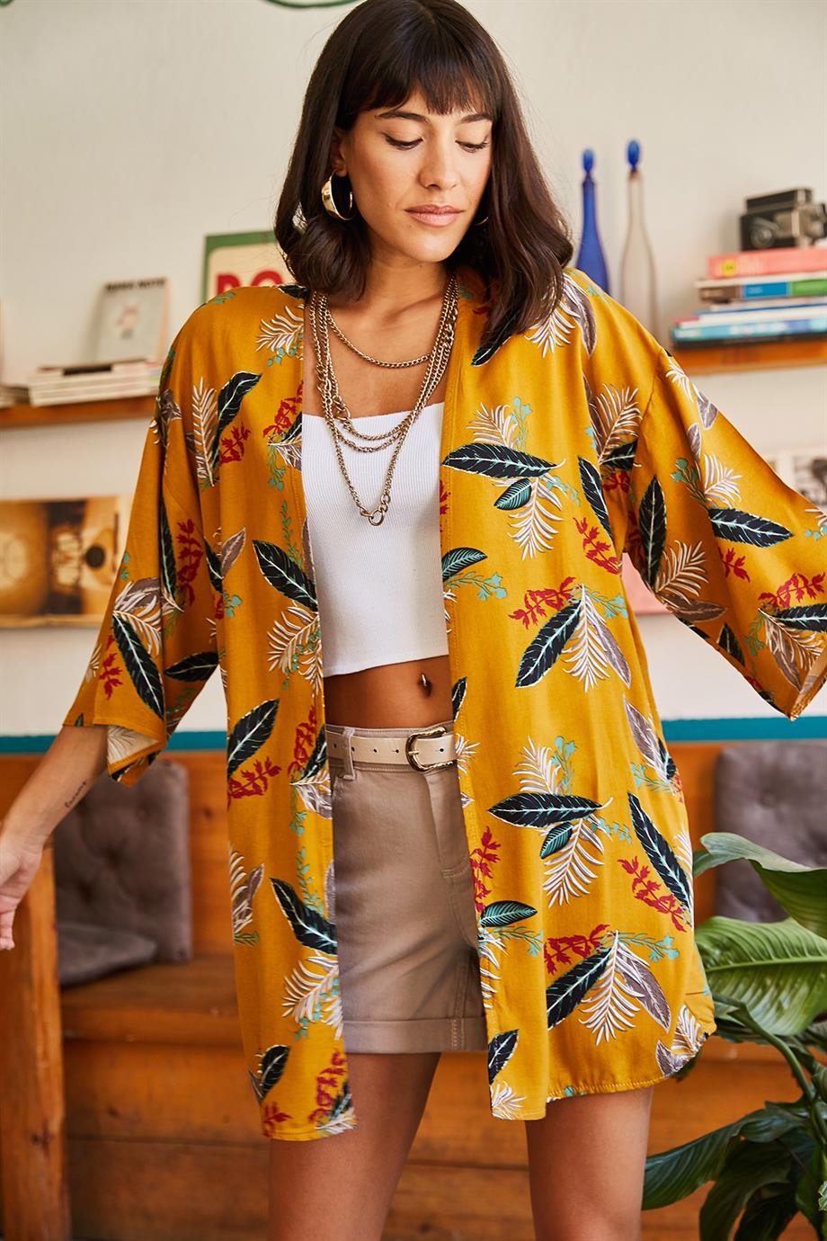 Dokuma Viskon Kimono Hardal Yaprak