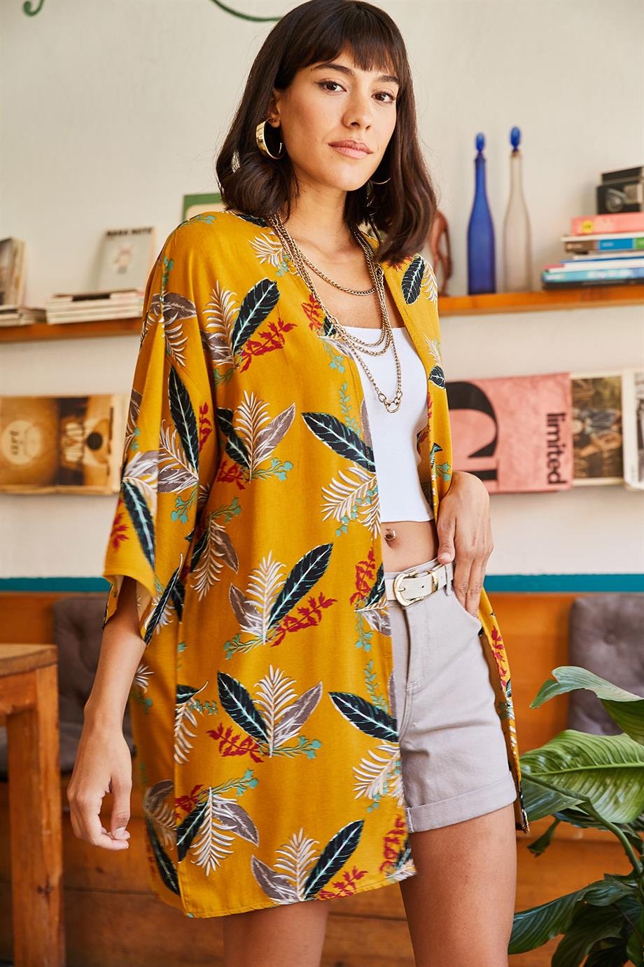 Dokuma Viskon Kimono Hardal Yaprak
