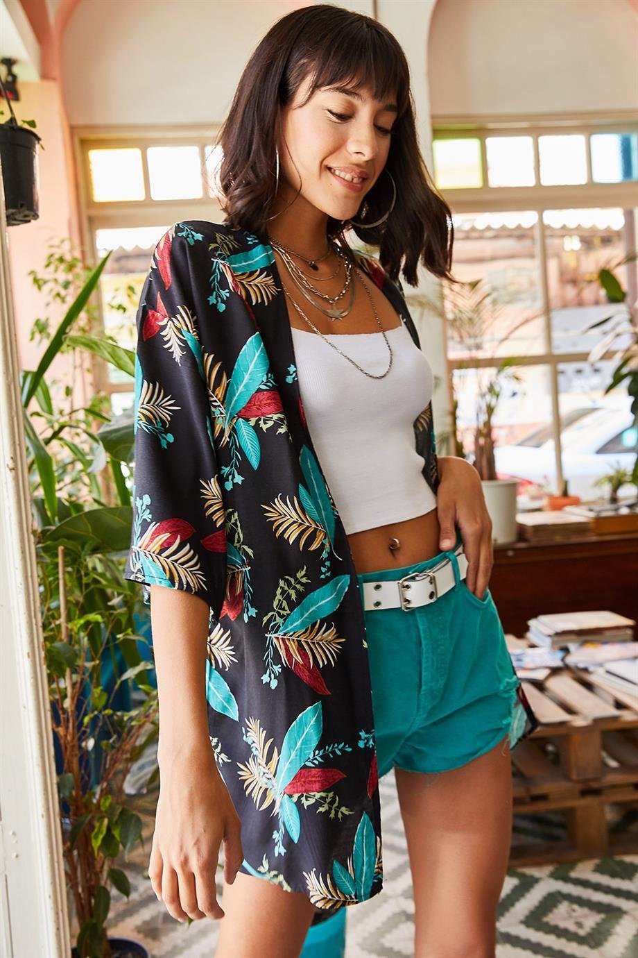 Dokuma Viskon Kimono Siyah Yaprak