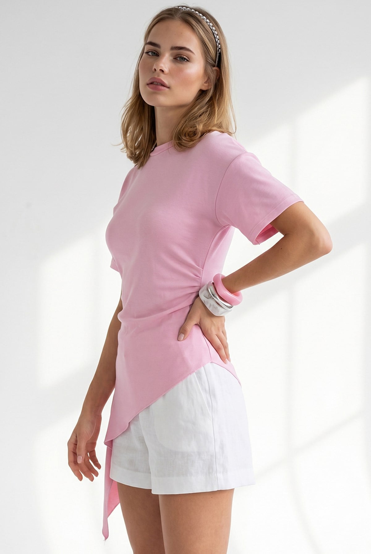 Drape Detaylı Asimetrik Bluz Pembe