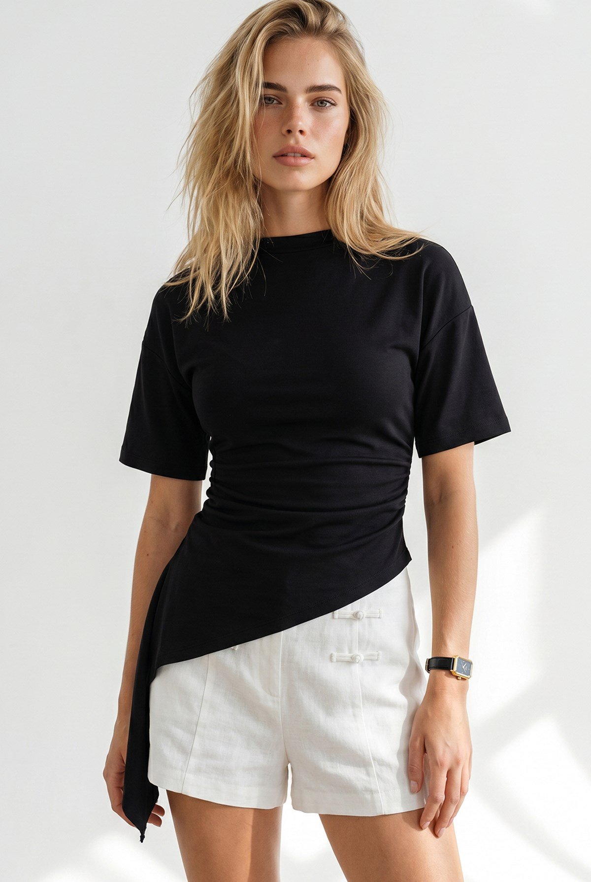 Drape Detaylı Asimetrik Bluz Siyah