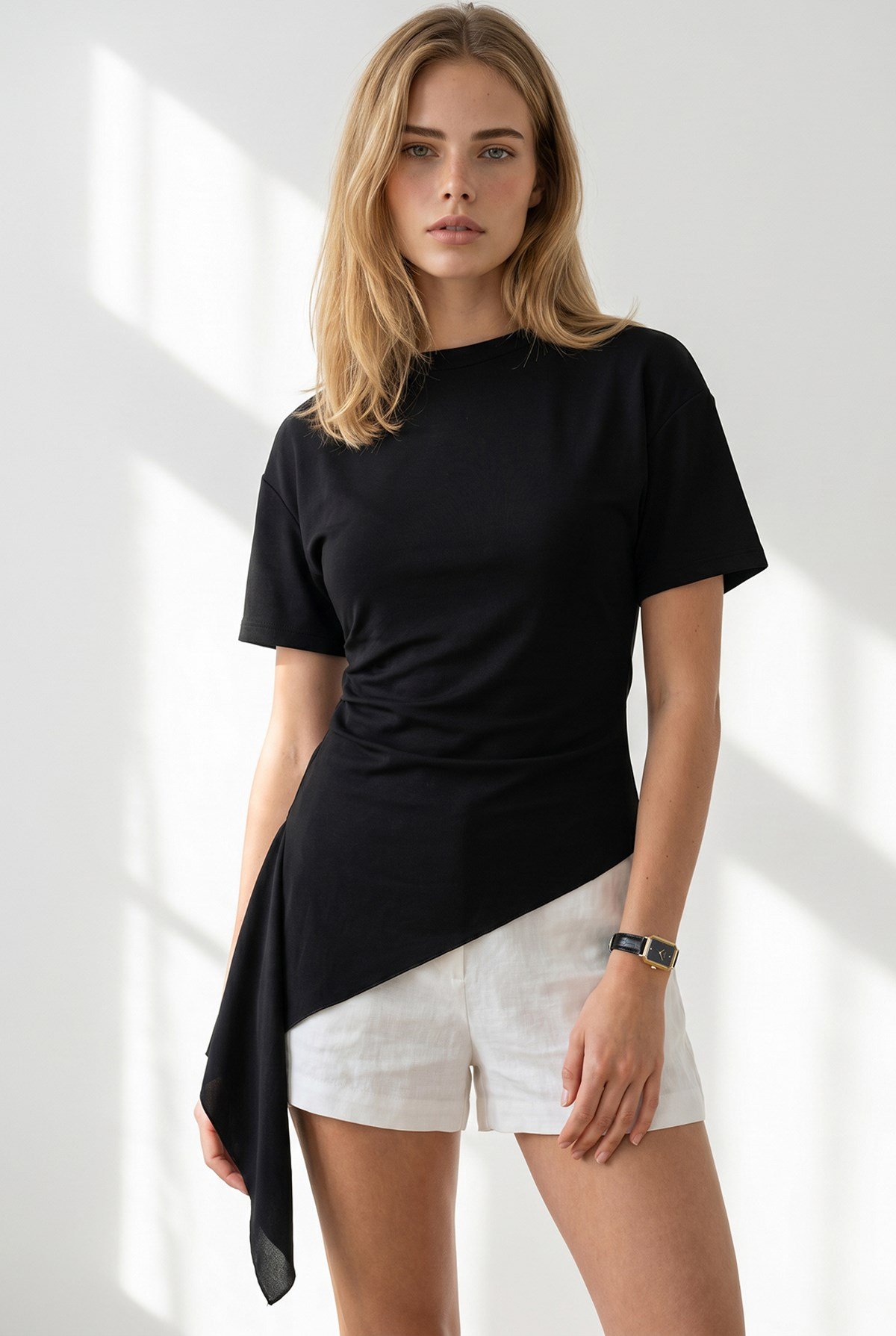 Drape Detaylı Asimetrik Bluz Siyah