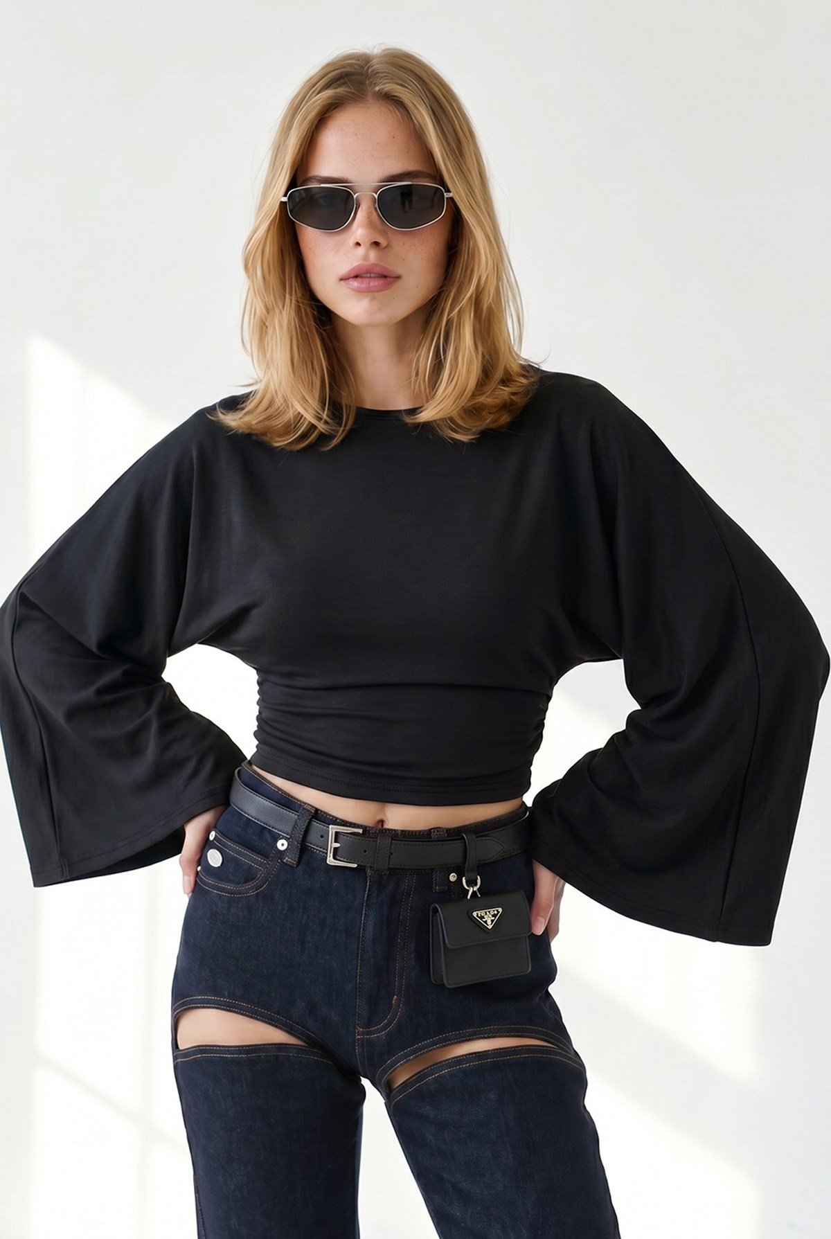Drape Detaylı Geniş Kol Detaylı Bluz Siyah