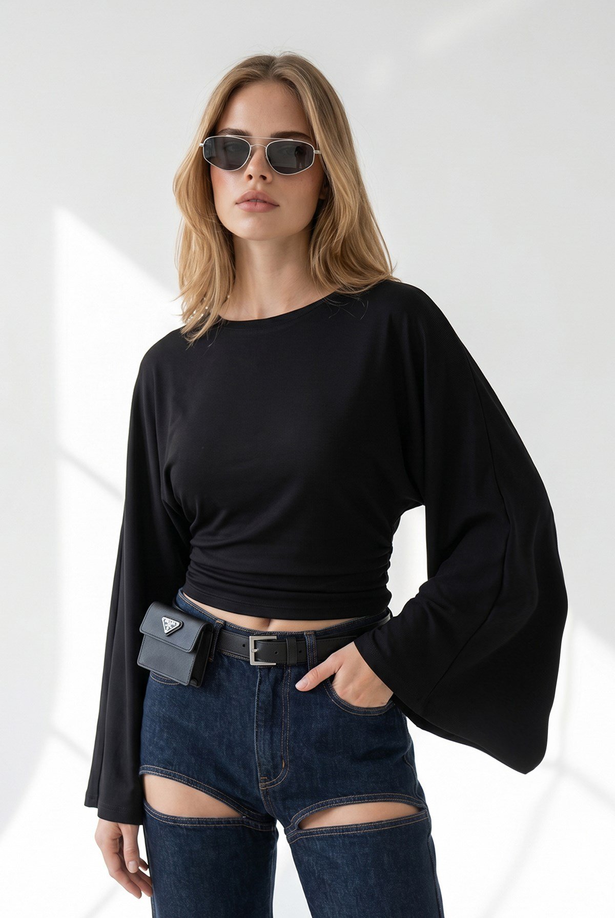 Drape Detaylı Geniş Kol Detaylı Bluz Siyah