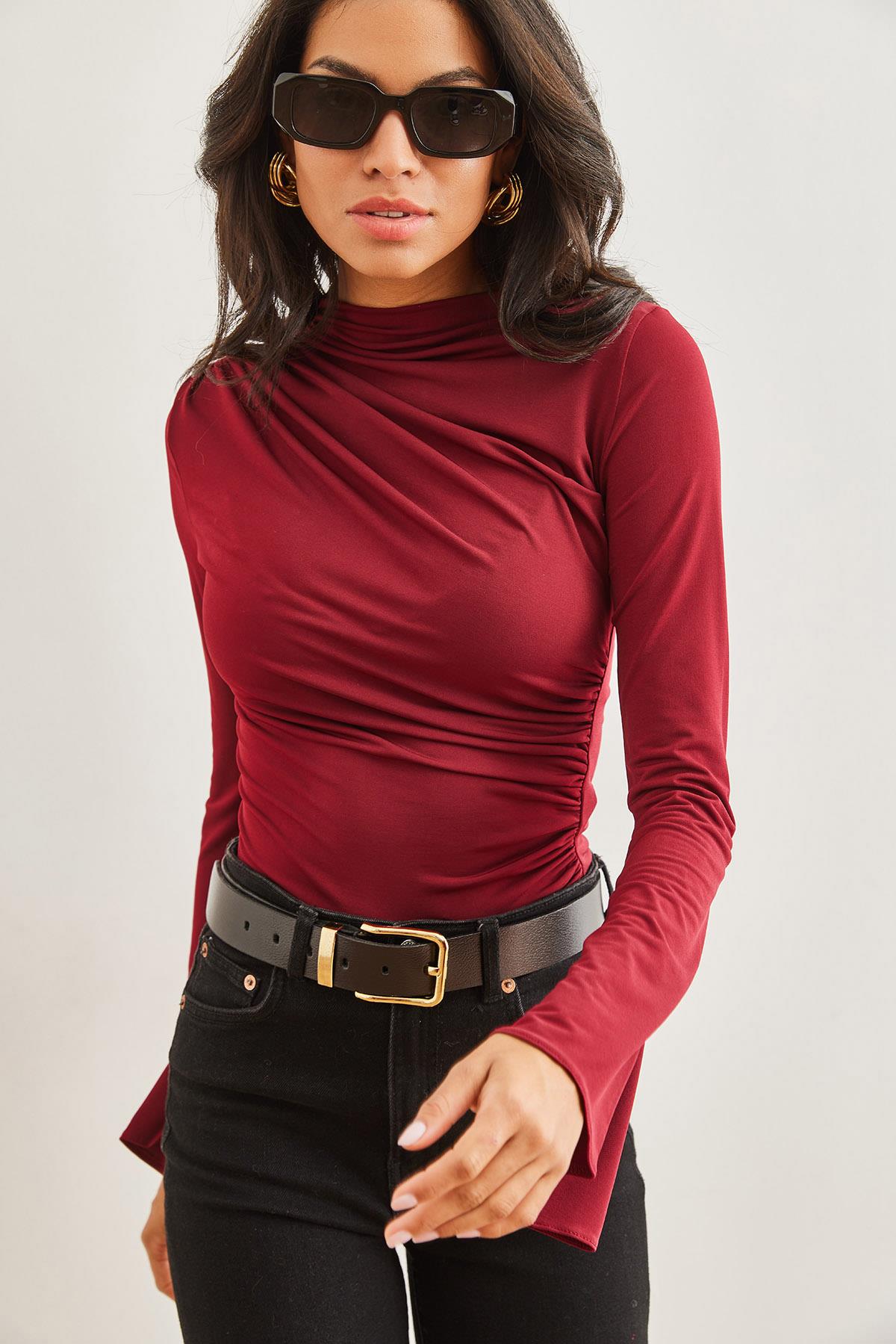 Drape Detaylı İspanyol Kol Crop Bluz Bordo
