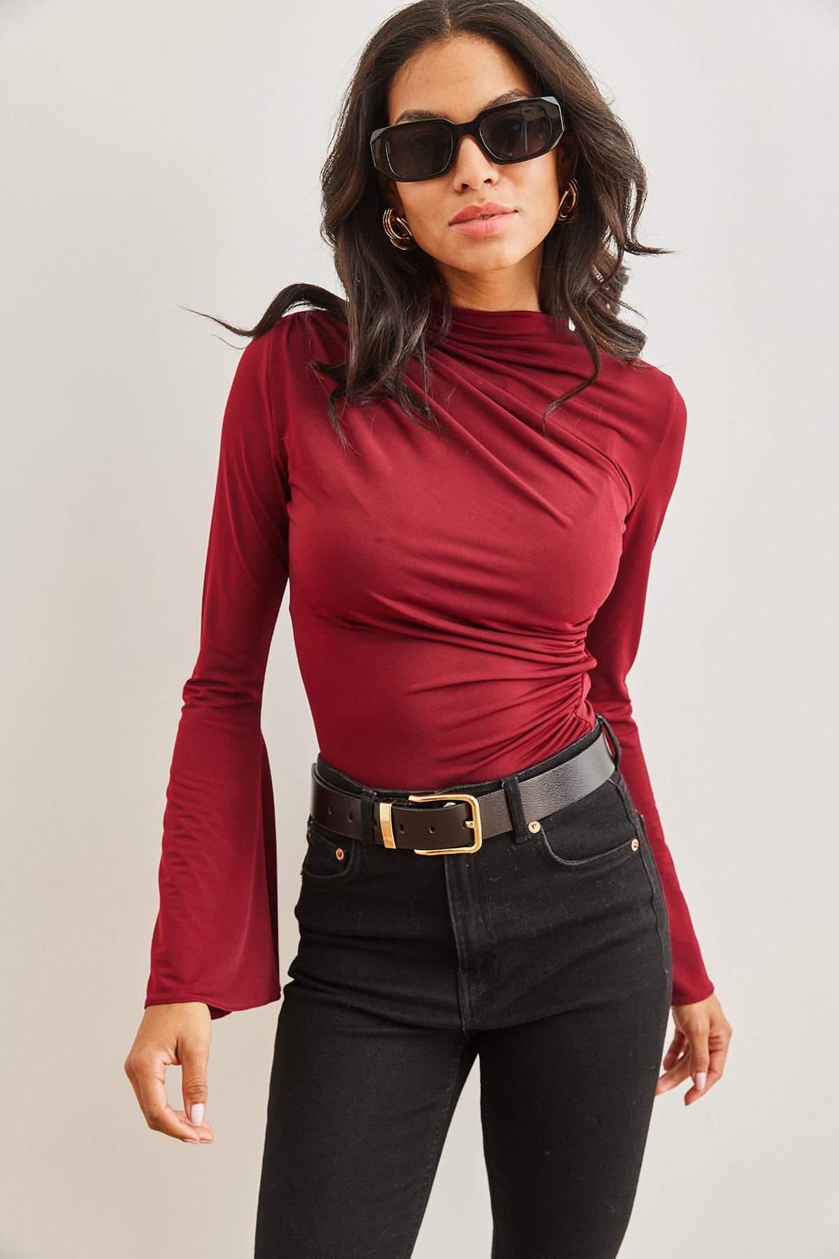 Drape Detaylı İspanyol Kol Crop Bluz Bordo
