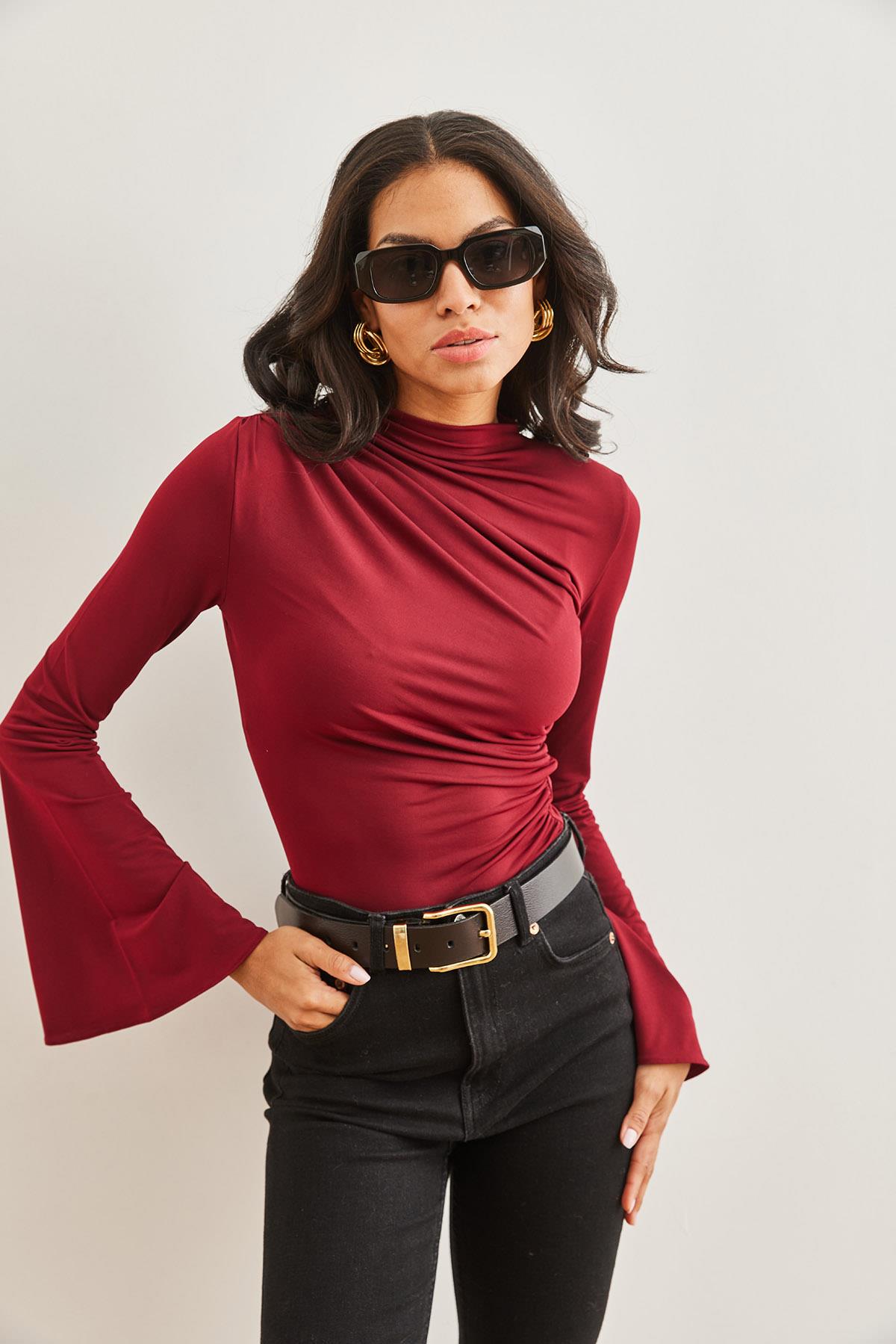 Drape Detaylı İspanyol Kol Crop Bluz Bordo