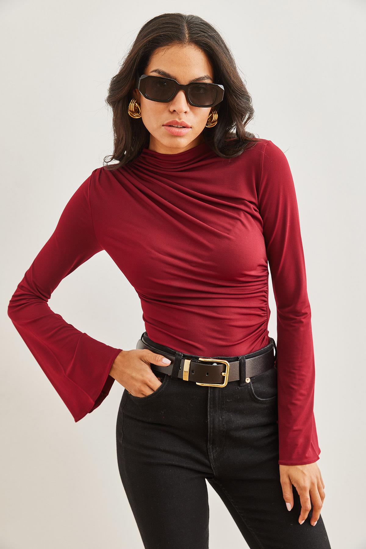 Drape Detaylı İspanyol Kol Crop Bluz Bordo