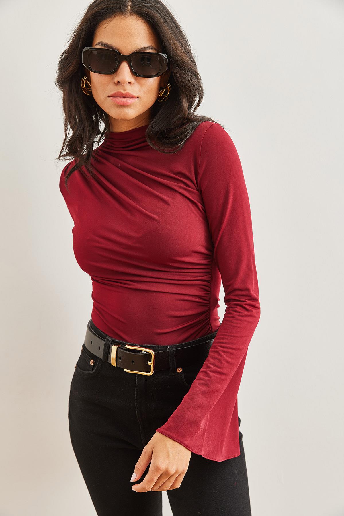 Drape Detaylı İspanyol Kol Crop Bluz Bordo