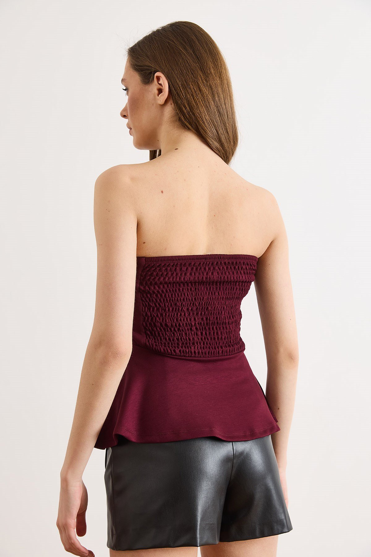 Drape Detaylı Straplez Bluz Bordo