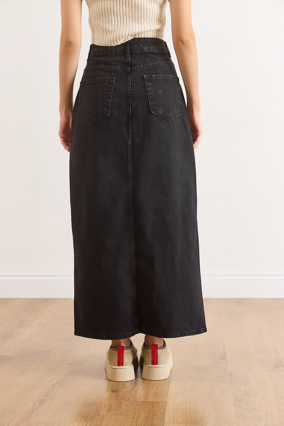 Düğme Detaylı Uzun Denim Etek Siyah