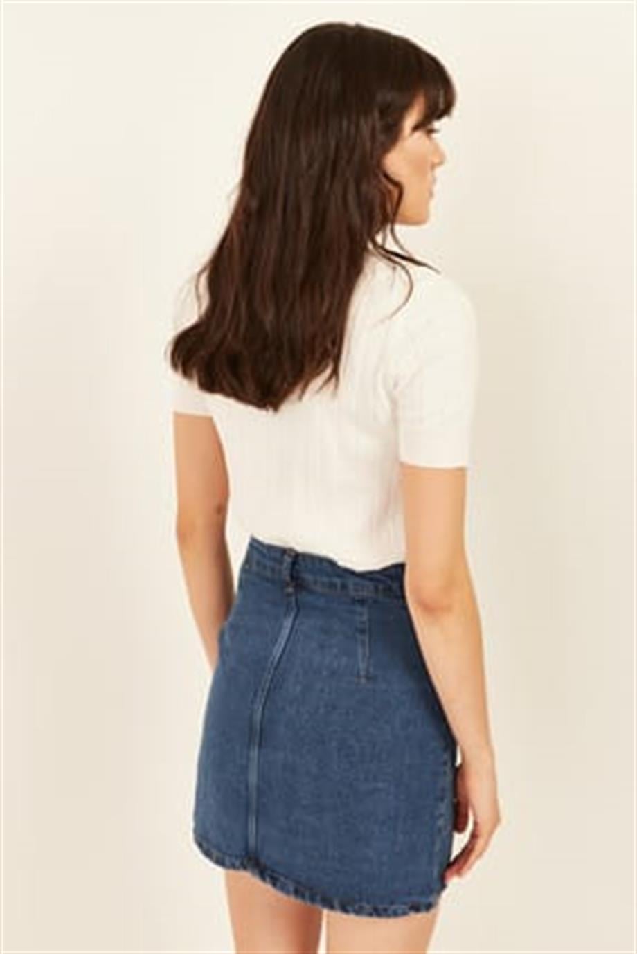 Düğmeli Cepli Denim Etek Mavi