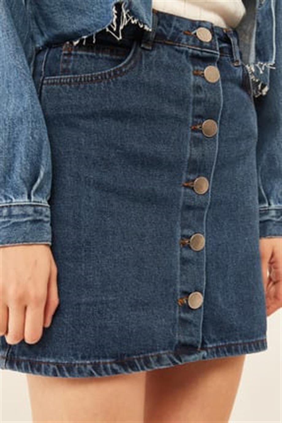 Düğmeli Cepli Denim Etek Mavi