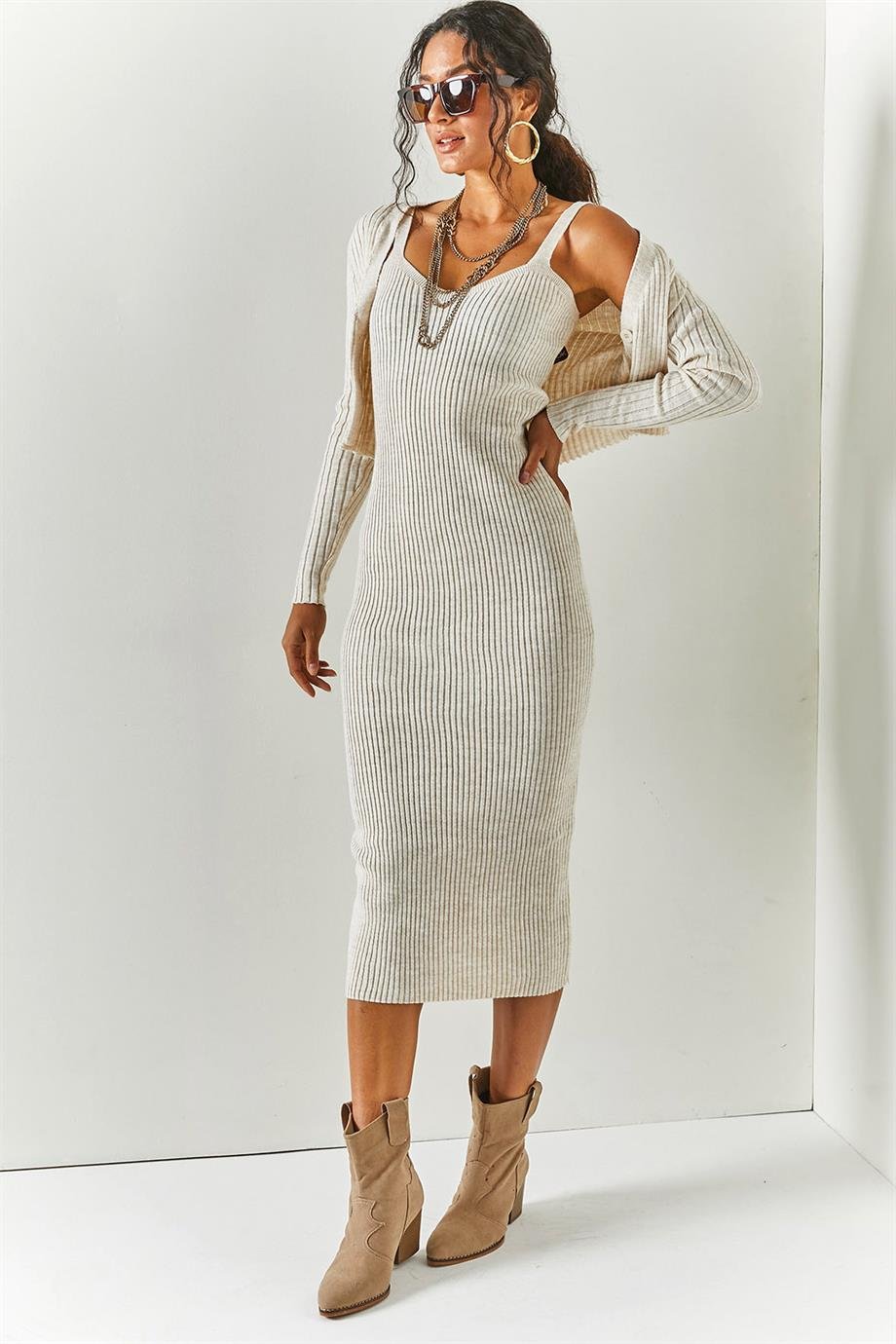 Elbise Hırka 2'li Triko Takım Taş