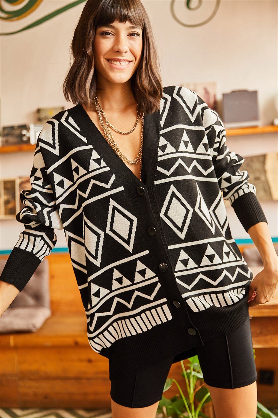 Etnik Desen Oversize Triko Hırka Siyah