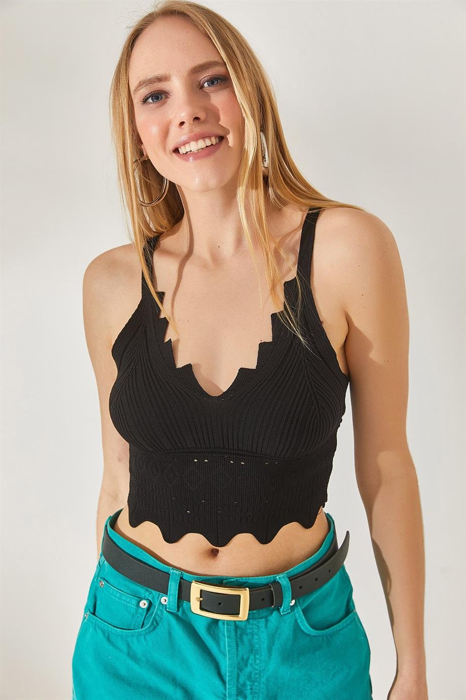 Etnik Desenli Zikzak Detaylı Crop Triko Bluz Siyah