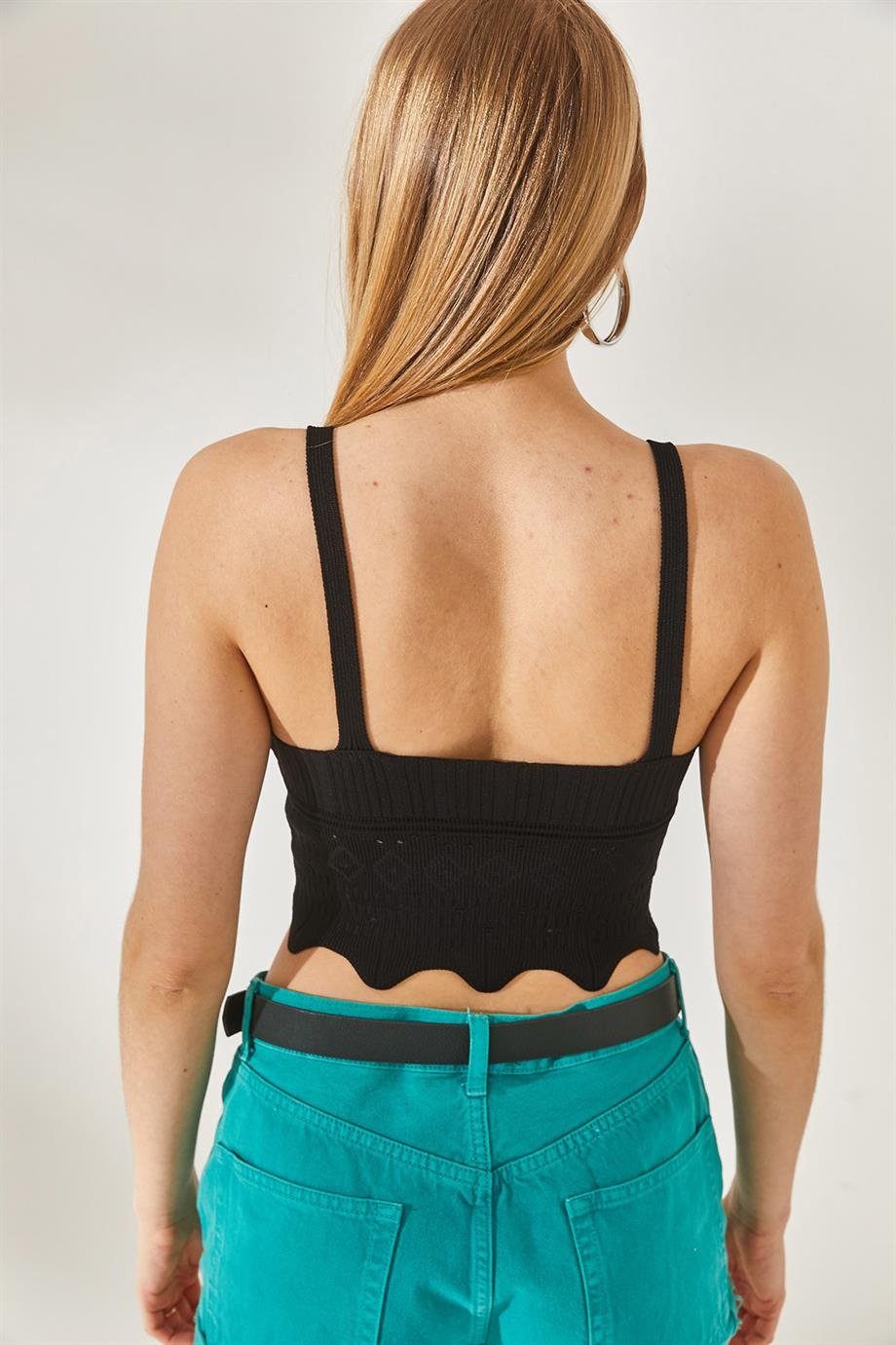 Etnik Desenli Zikzak Detaylı Crop Triko Bluz Siyah