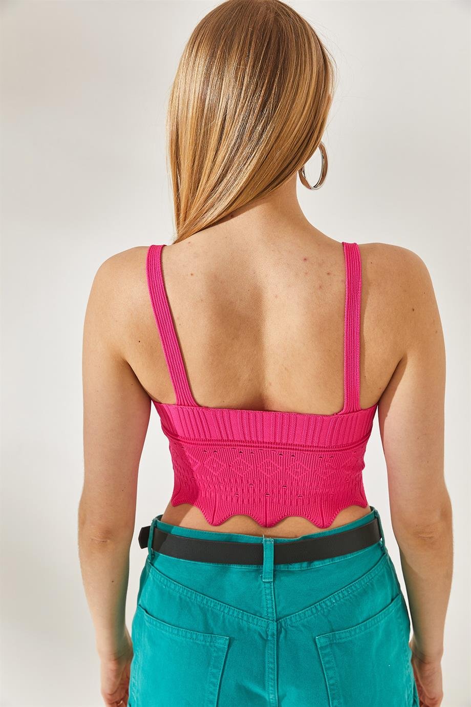 Etnik Desenli Zikzak Detaylı Crop Triko Bluz Fuşya