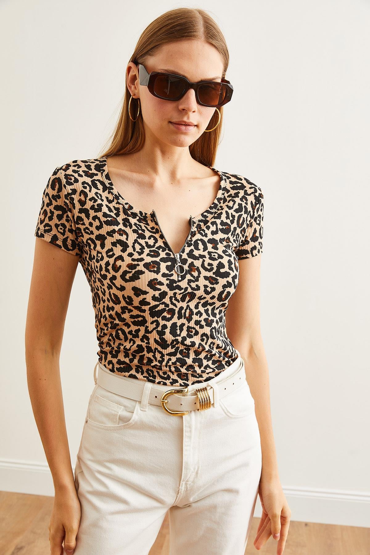 Fermuarlı Kaşkorse Bluz Leopar Bej