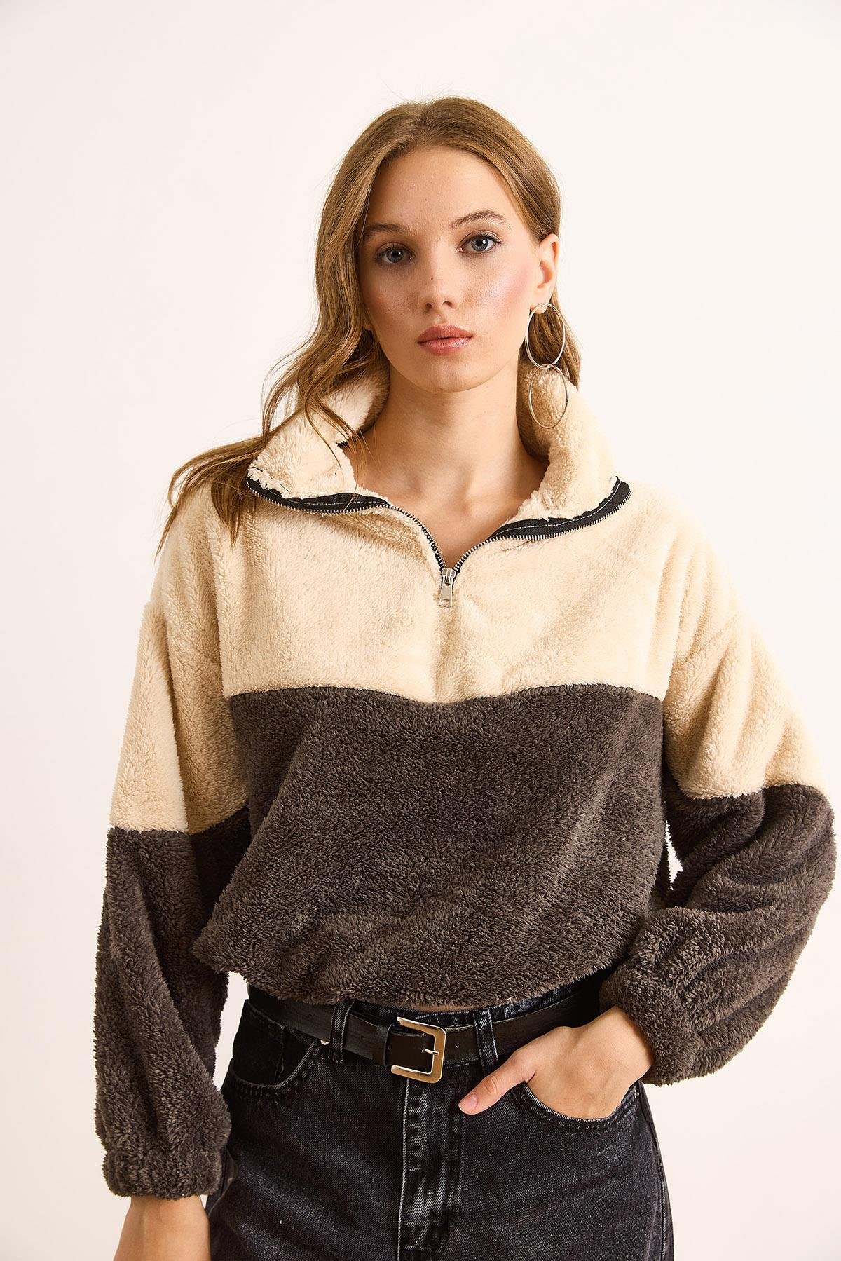Fermuarlı Renk Bloklu Peluş Sweatshirt Antrasit Ekru