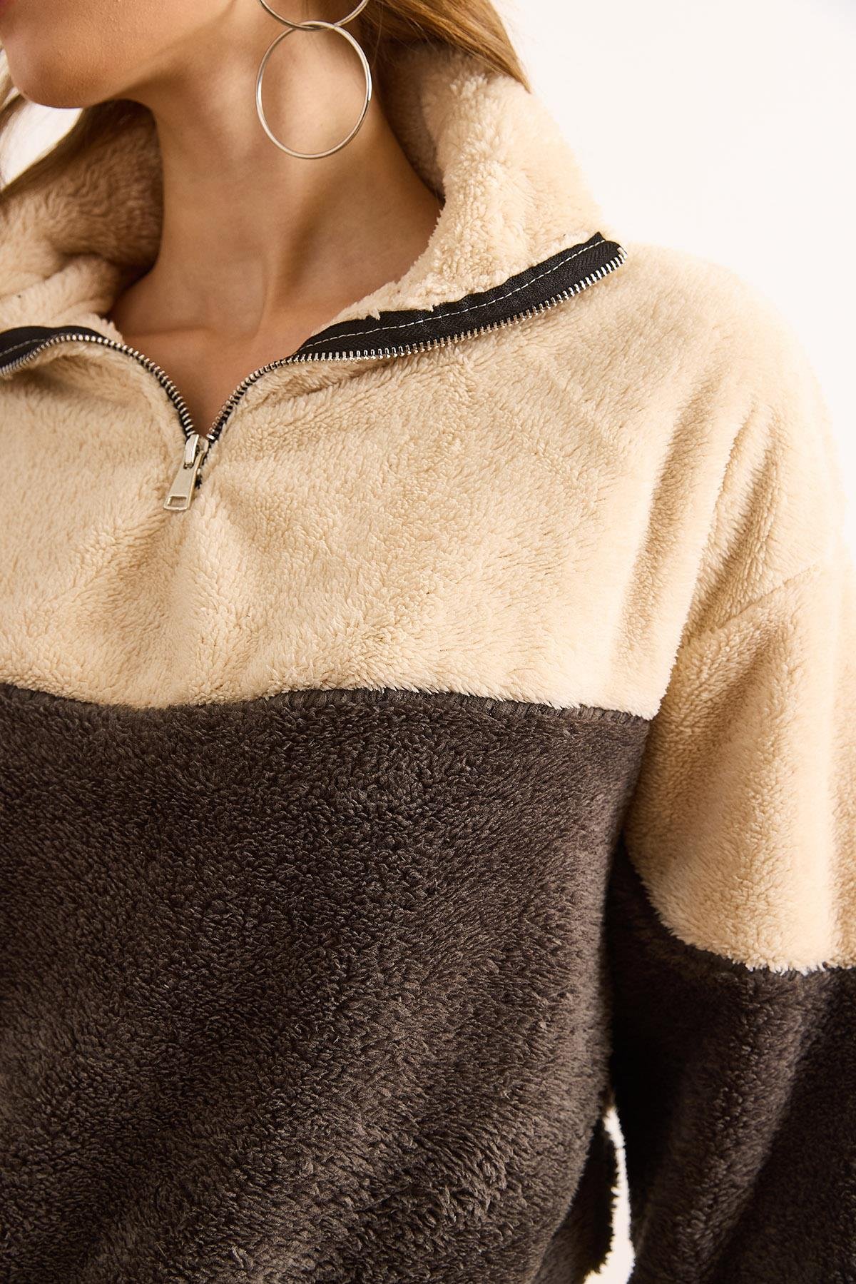 Fermuarlı Renk Bloklu Peluş Sweatshirt Antrasit Ekru
