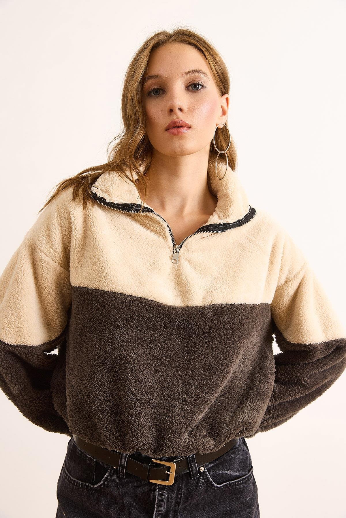 Fermuarlı Renk Bloklu Peluş Sweatshirt Antrasit Ekru