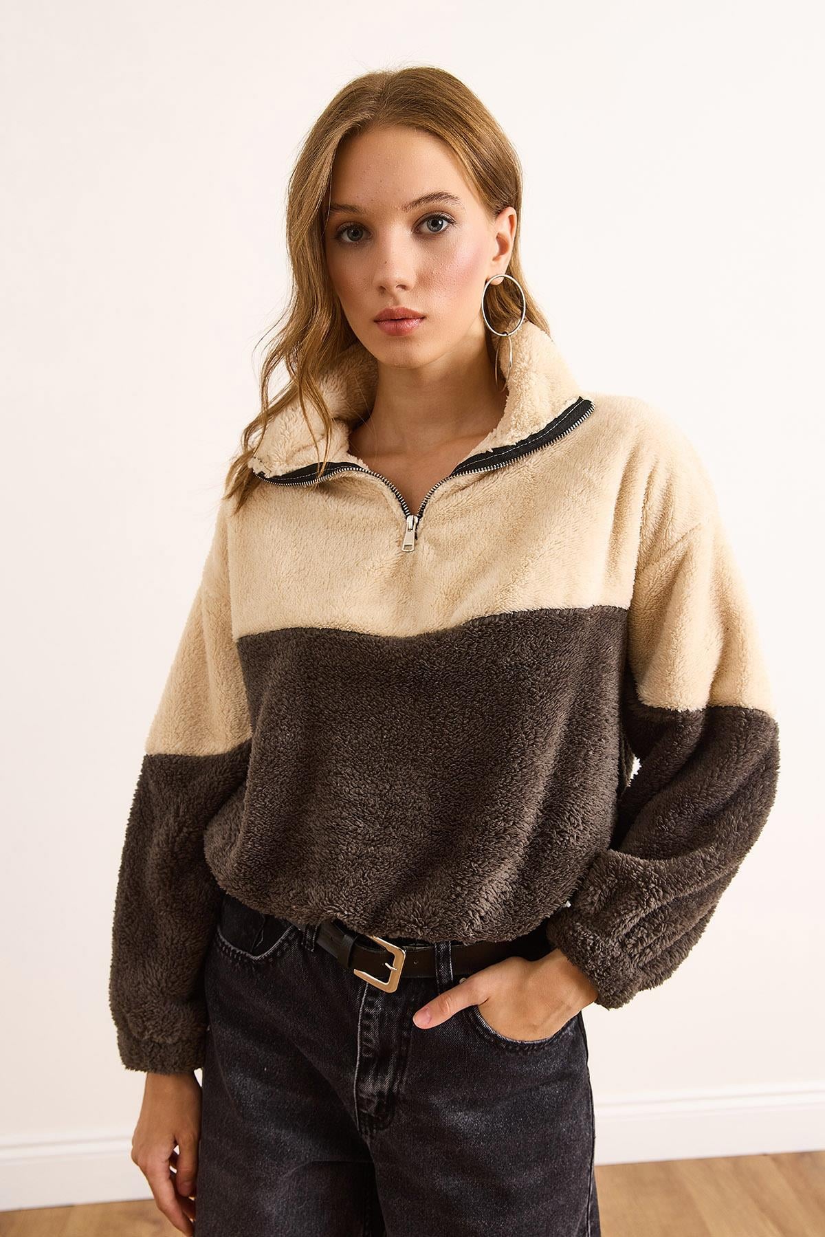 Fermuarlı Renk Bloklu Peluş Sweatshirt Antrasit Ekru