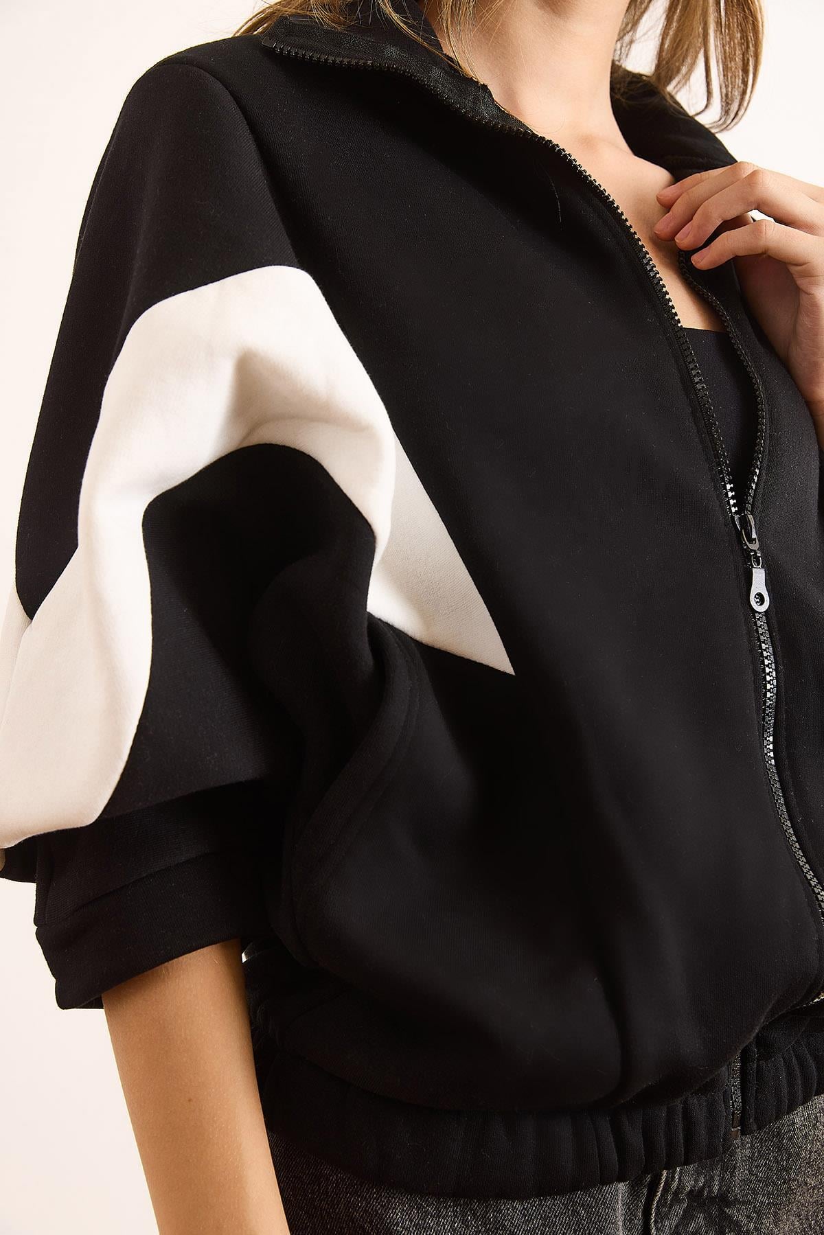 Fermuarlı Şardonlu Oversize Bloklu Sweatshirt Siyah