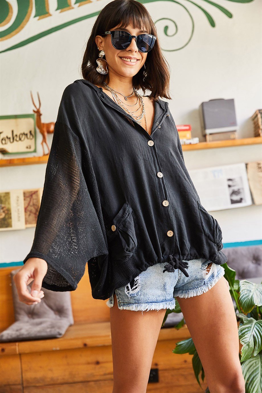 File Detaylı Oversize Keten Ceket Siyah