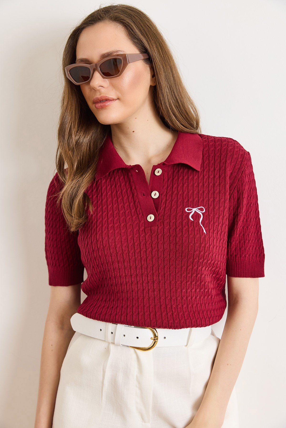Fiyonk Nakışlı Polo Yaka Saç Örgü Mevsimlik Triko Bluz Bordo