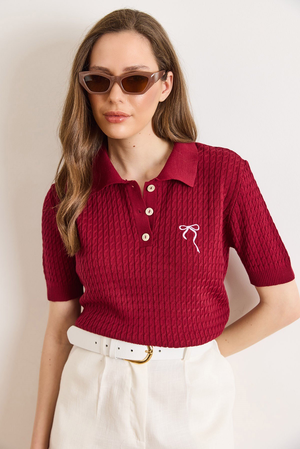 Fiyonk Nakışlı Polo Yaka Saç Örgü Mevsimlik Triko Bluz Bordo