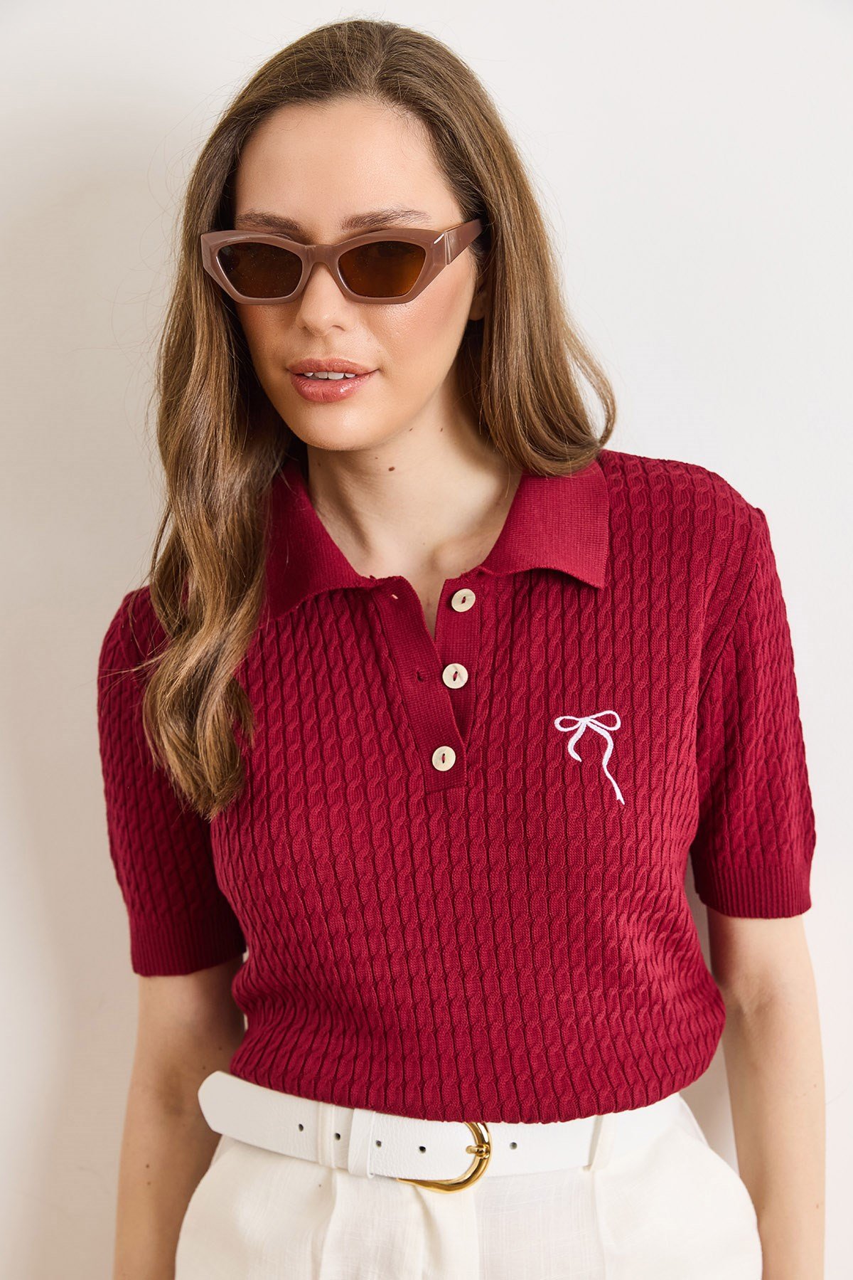 Fiyonk Nakışlı Polo Yaka Saç Örgü Mevsimlik Triko Bluz Bordo