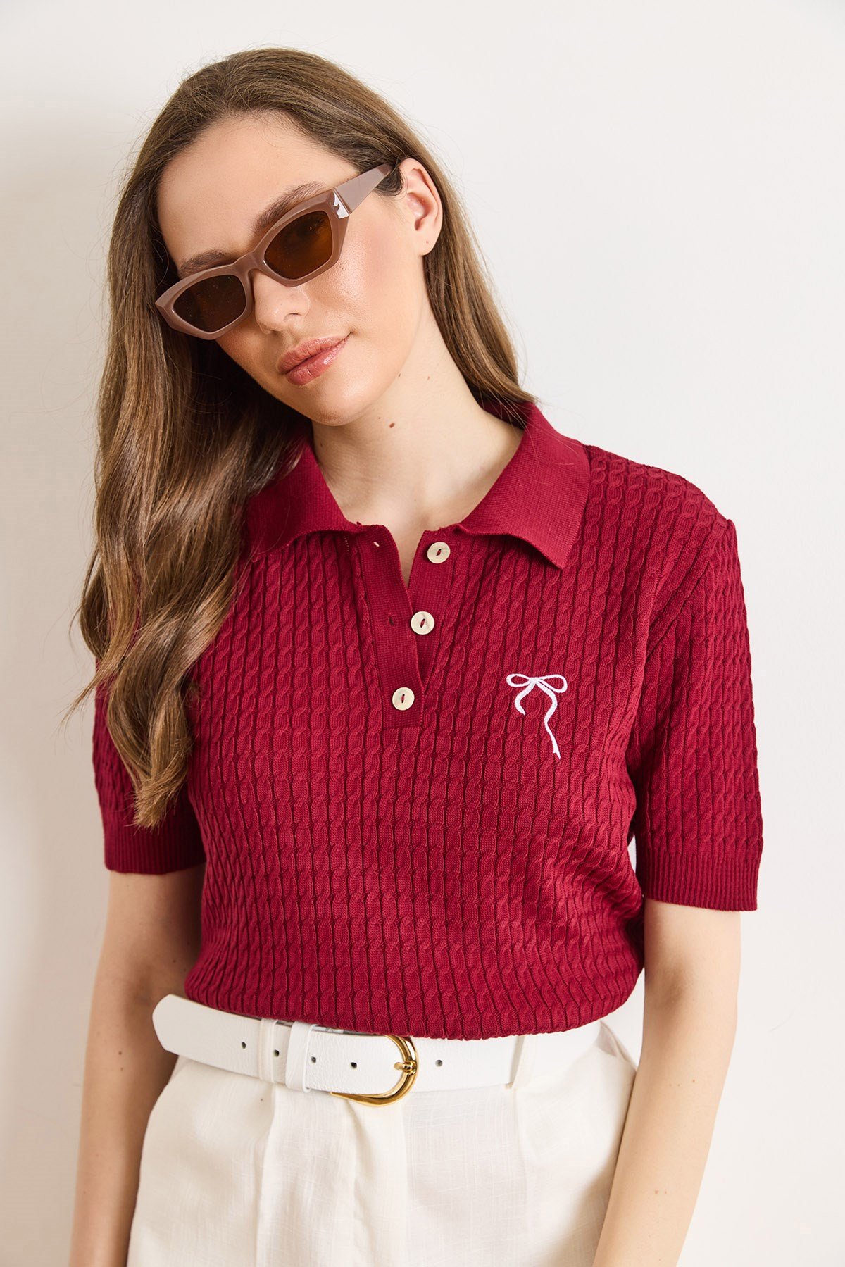 Fiyonk Nakışlı Polo Yaka Saç Örgü Mevsimlik Triko Bluz Bordo