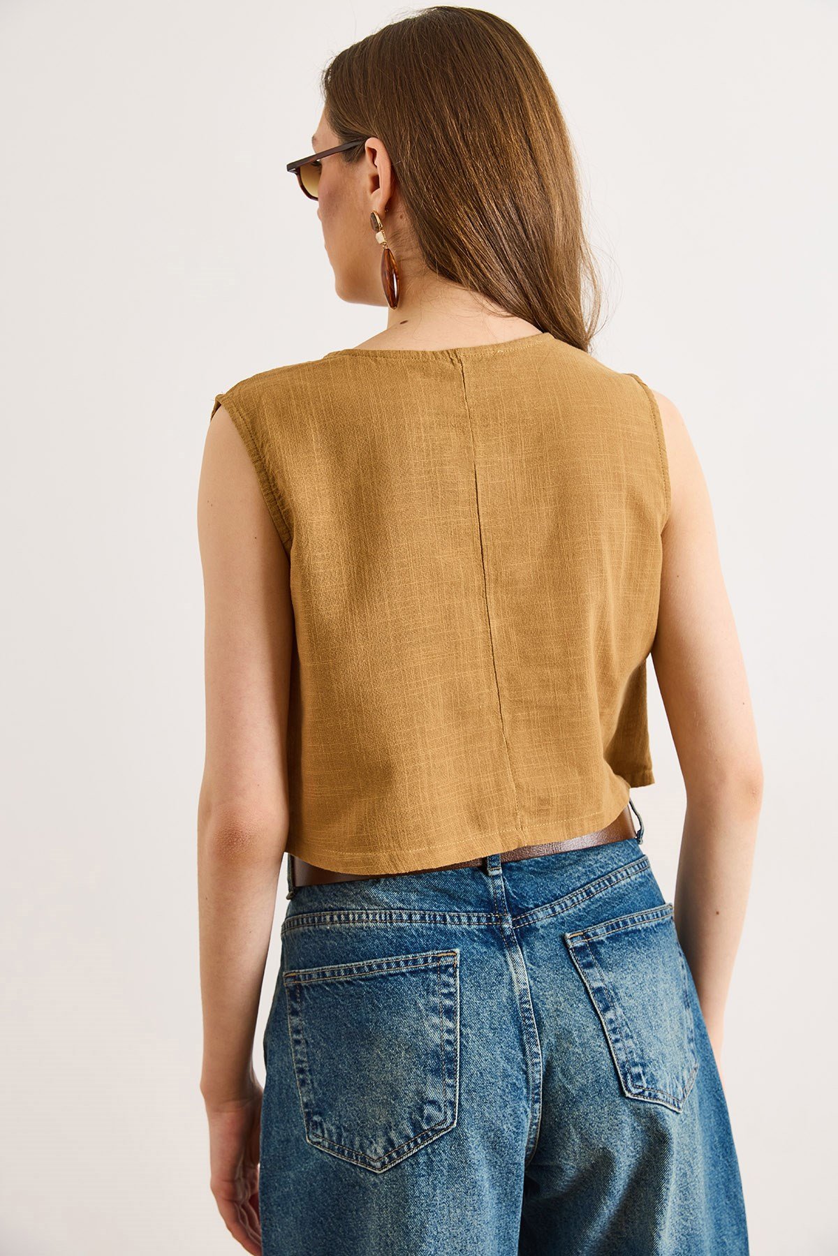 Flam Keten Crop Bluz Taba