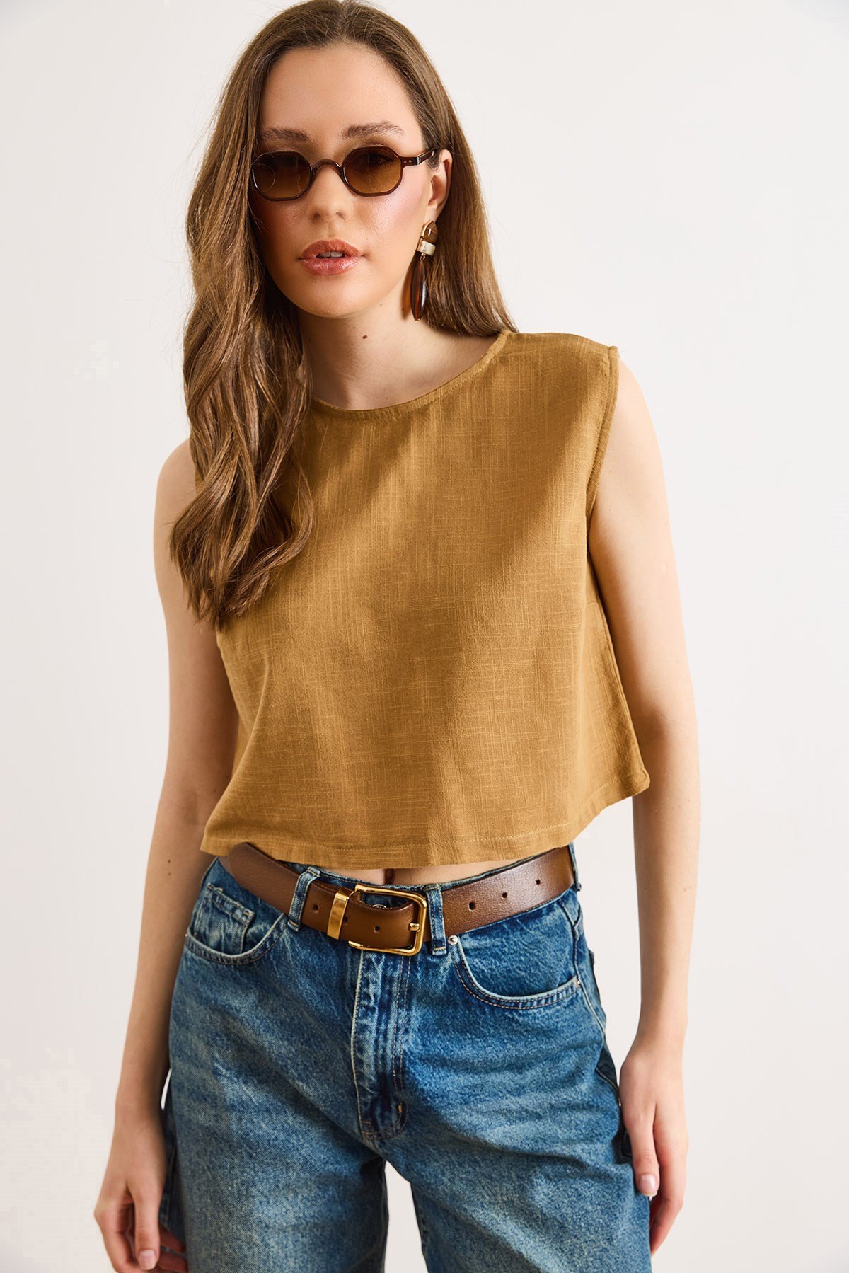 Flam Keten Crop Bluz Taba