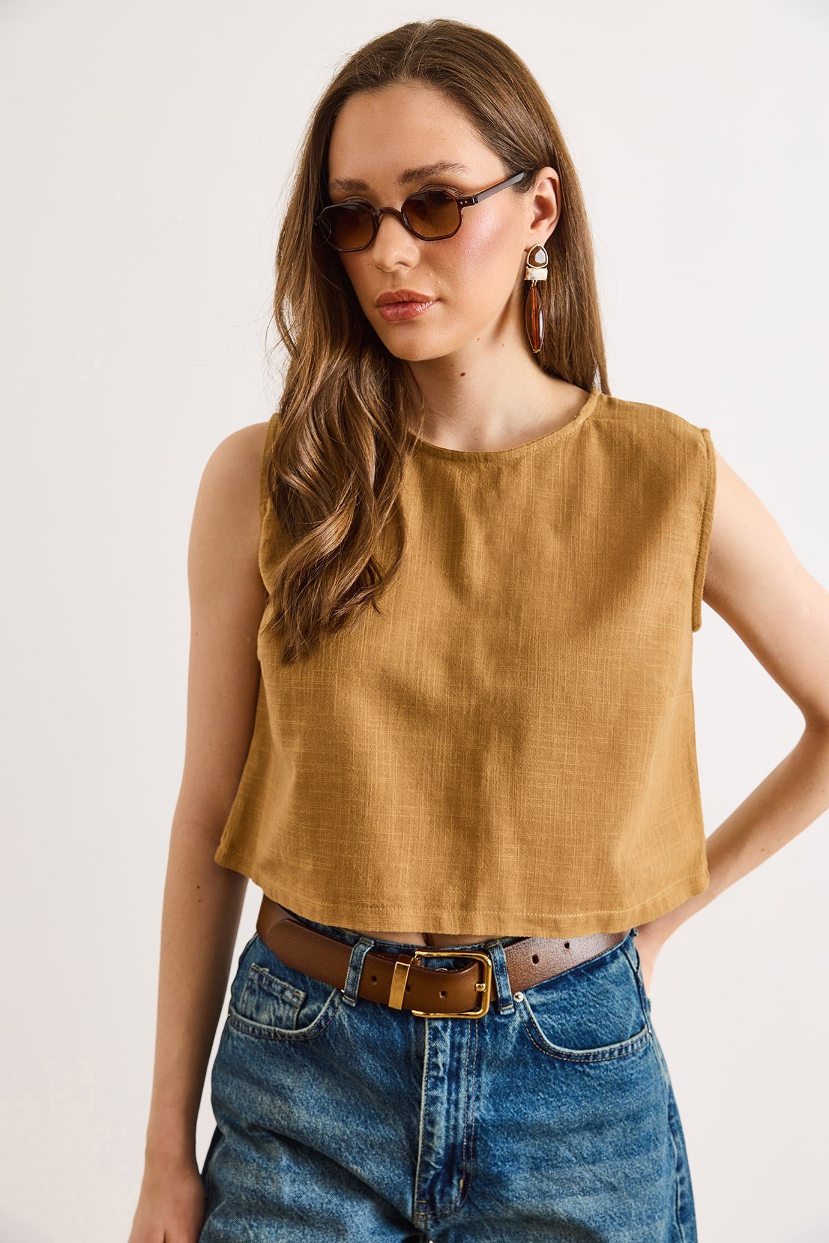 Flam Keten Crop Bluz Taba