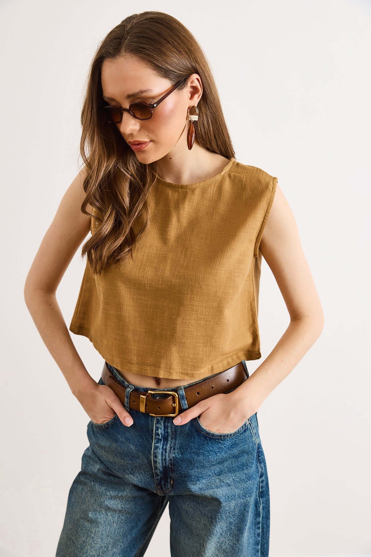 Flam Keten Crop Bluz Taba