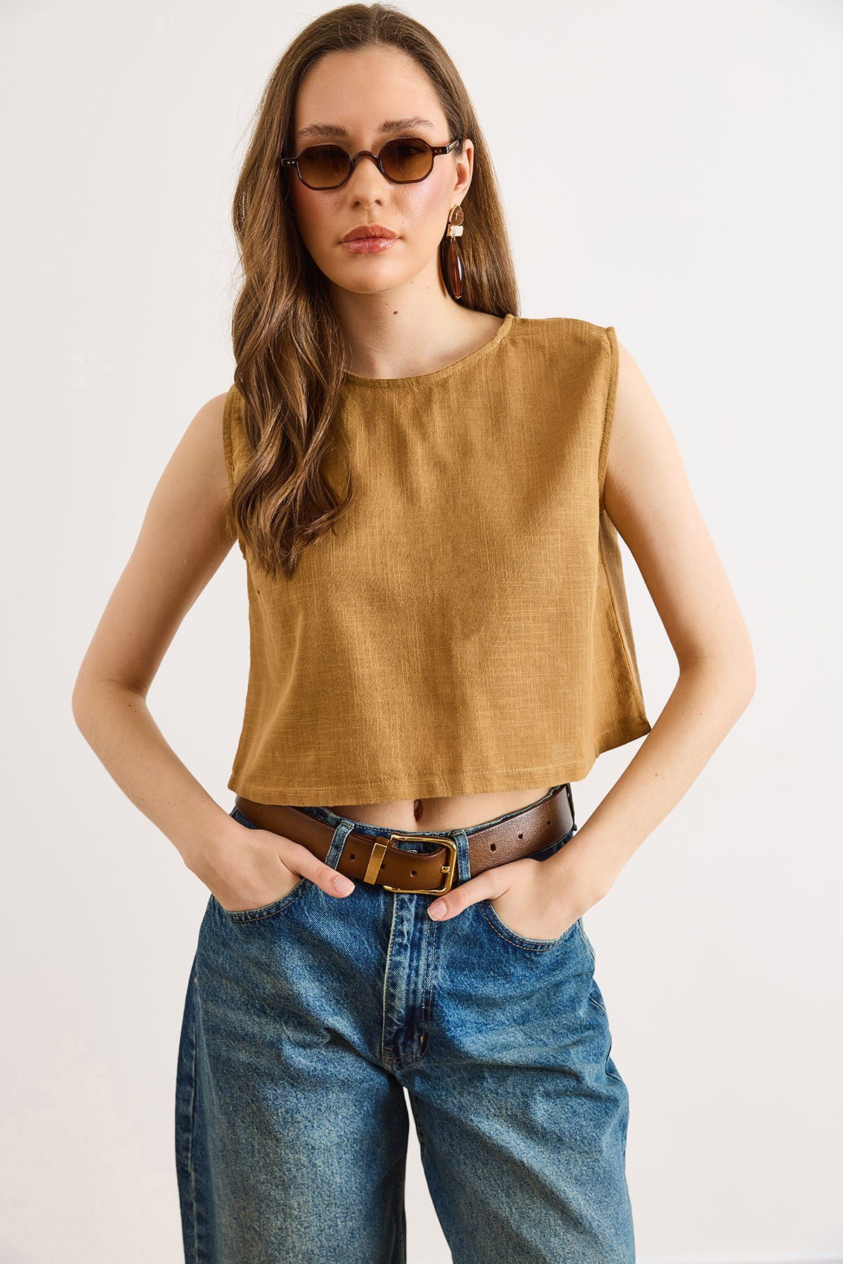 Flam Keten Crop Bluz Taba