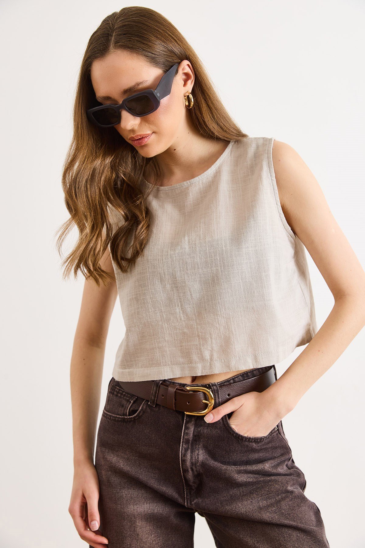 Flam Keten Crop Bluz Taş