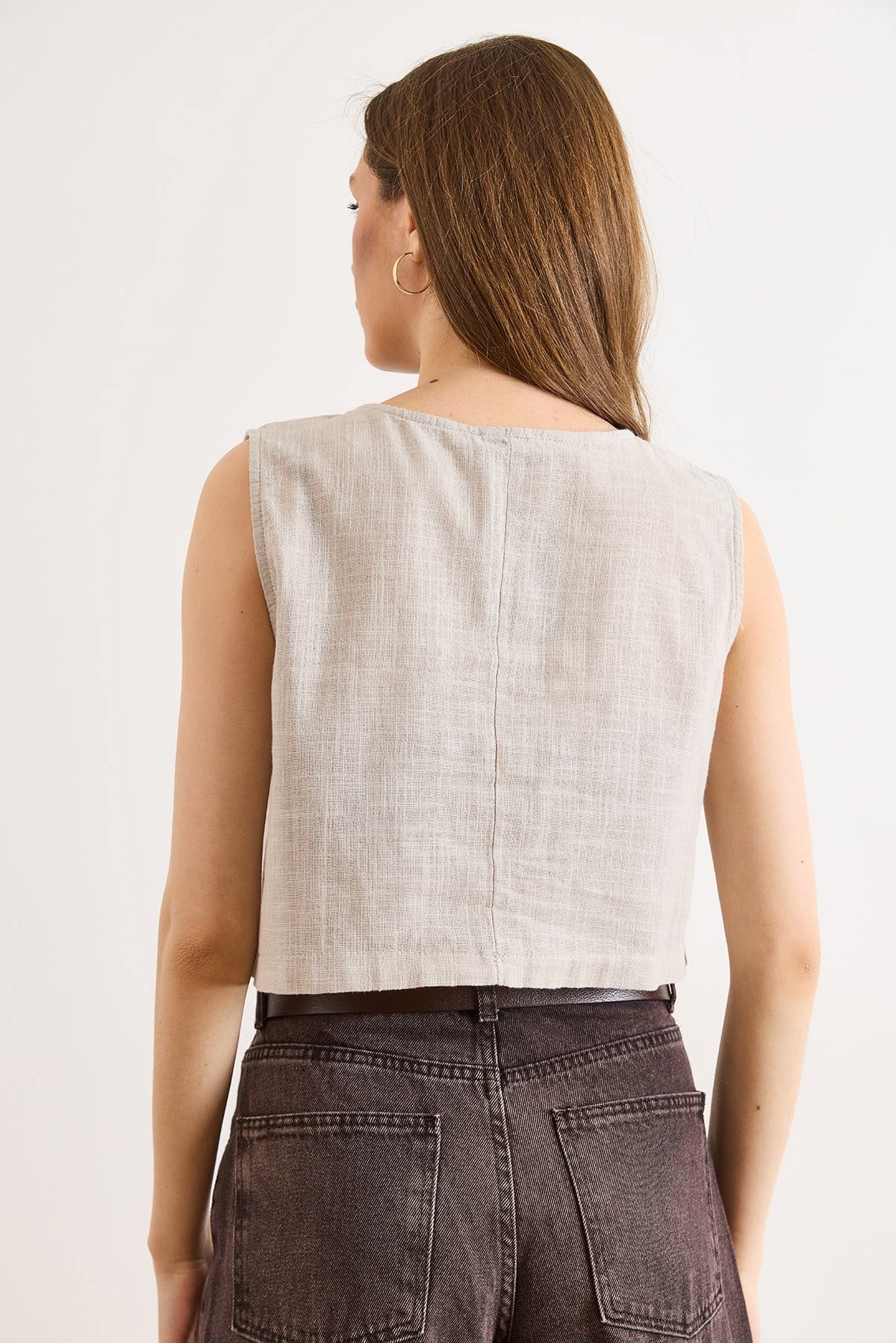 Flam Keten Crop Bluz Taş
