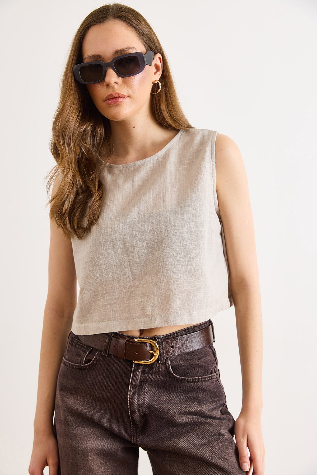 Flam Keten Crop Bluz Taş