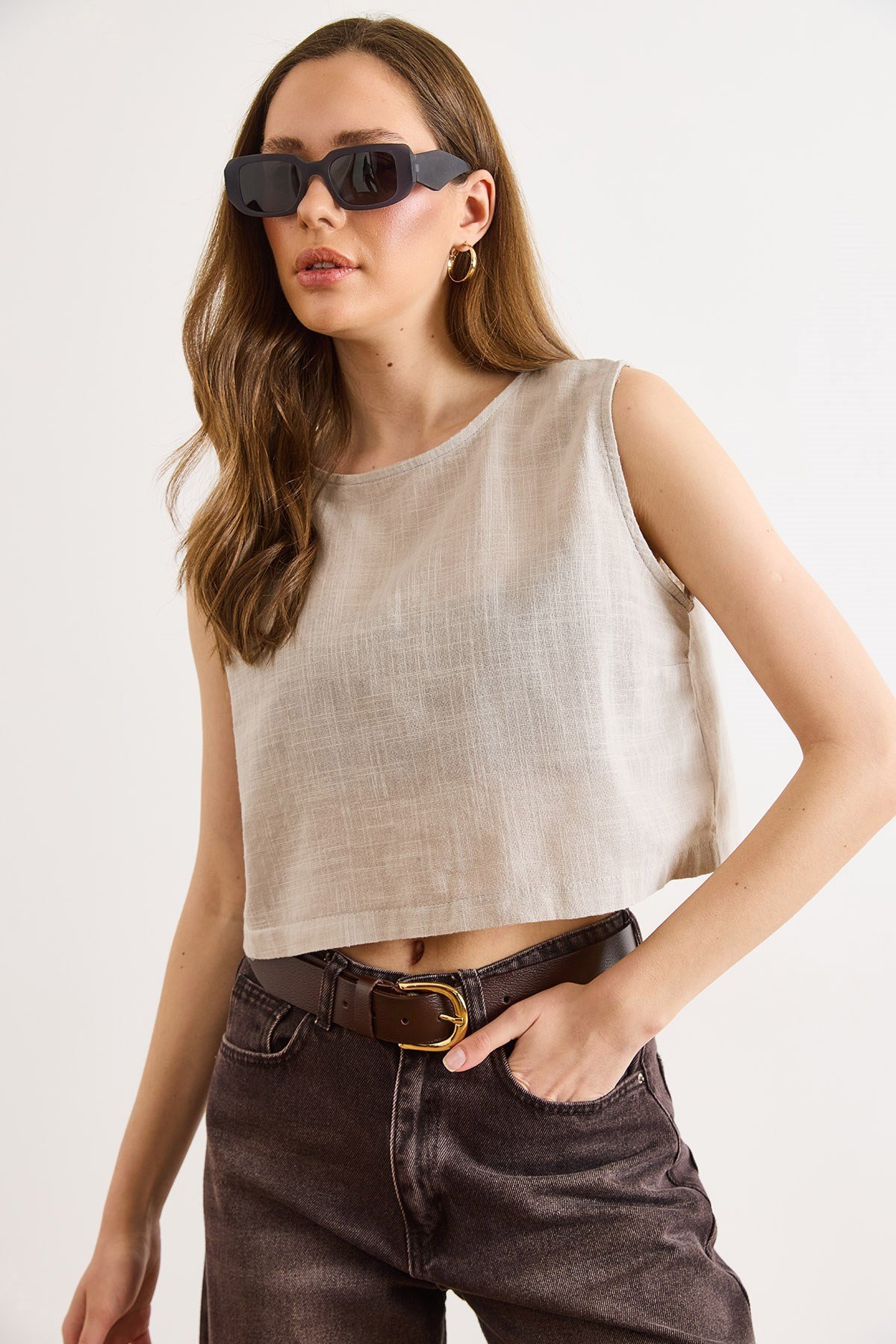 Flam Keten Crop Bluz Taş