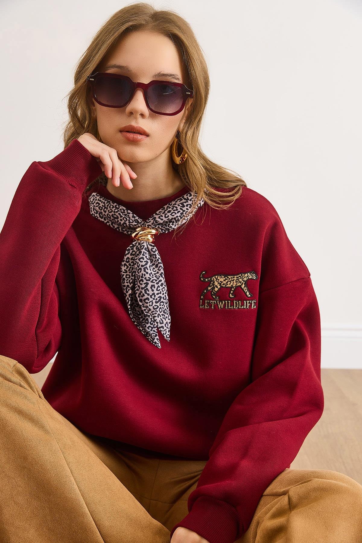 Fular Detaylı Şardonlu Sweatshirt Bordo