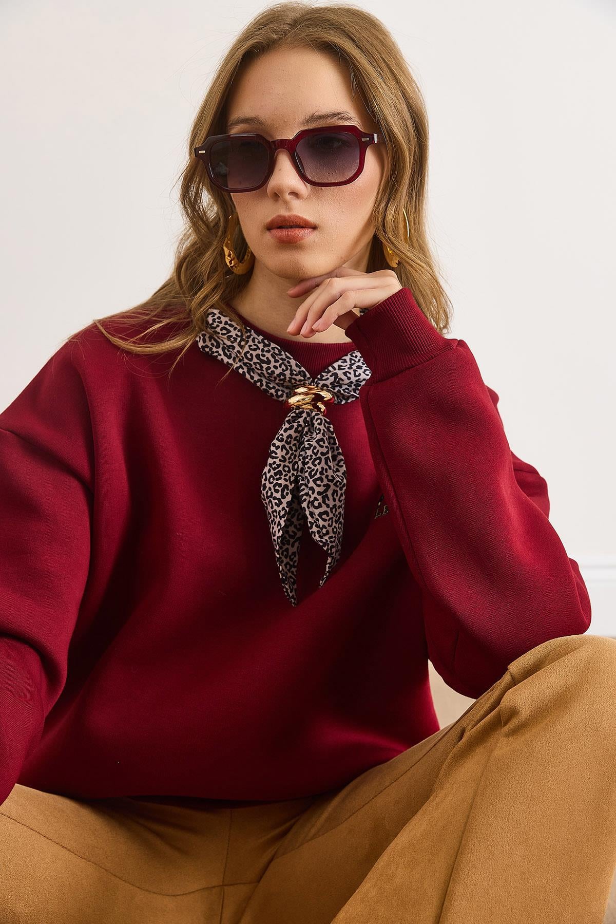 Fular Detaylı Şardonlu Sweatshirt Bordo