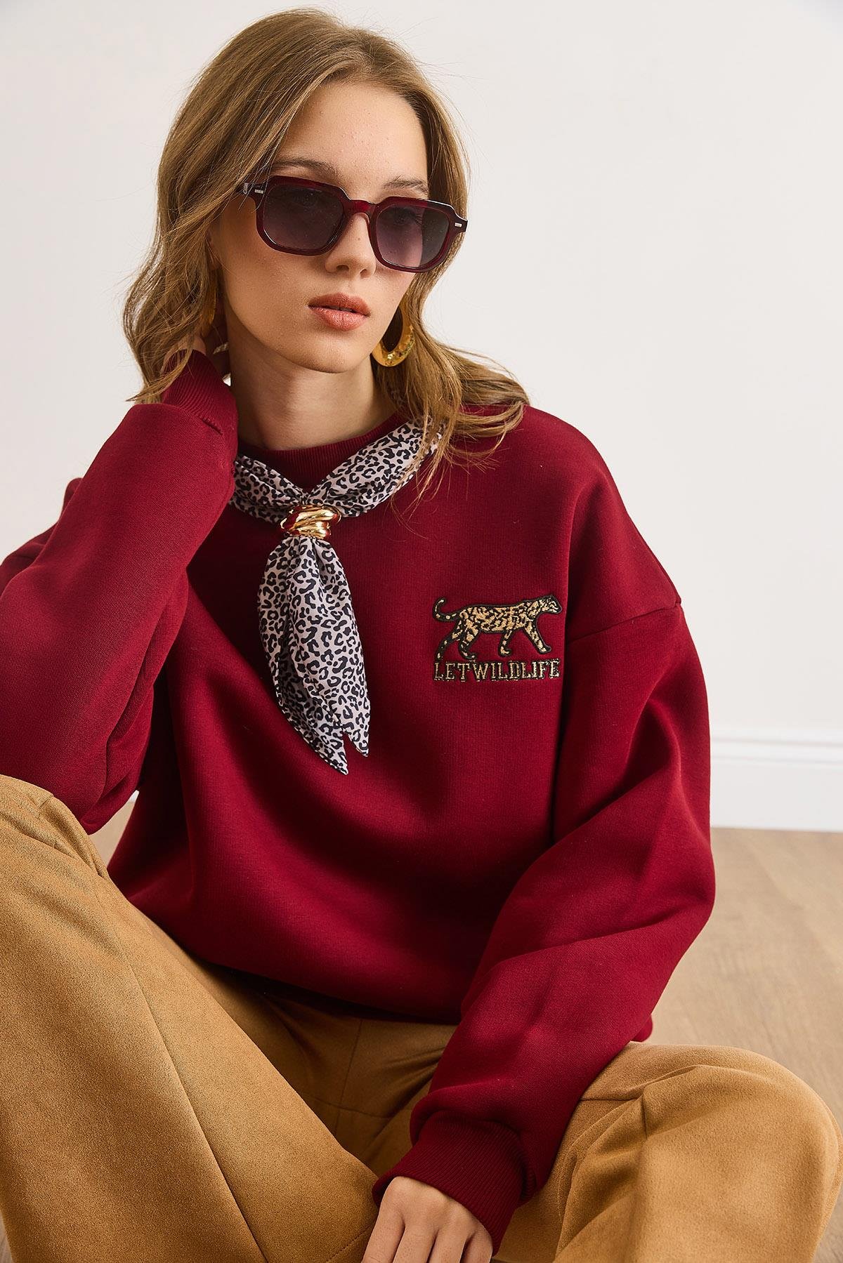 Fular Detaylı Şardonlu Sweatshirt Bordo