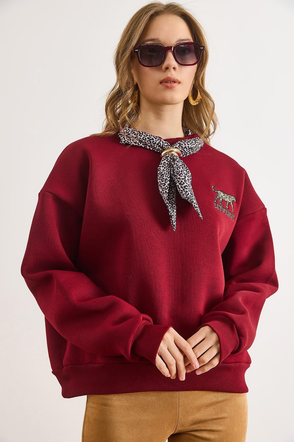 Fular Detaylı Şardonlu Sweatshirt Bordo